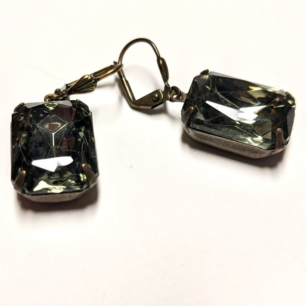 Green Cut Crystal and Brass Drop Earrings